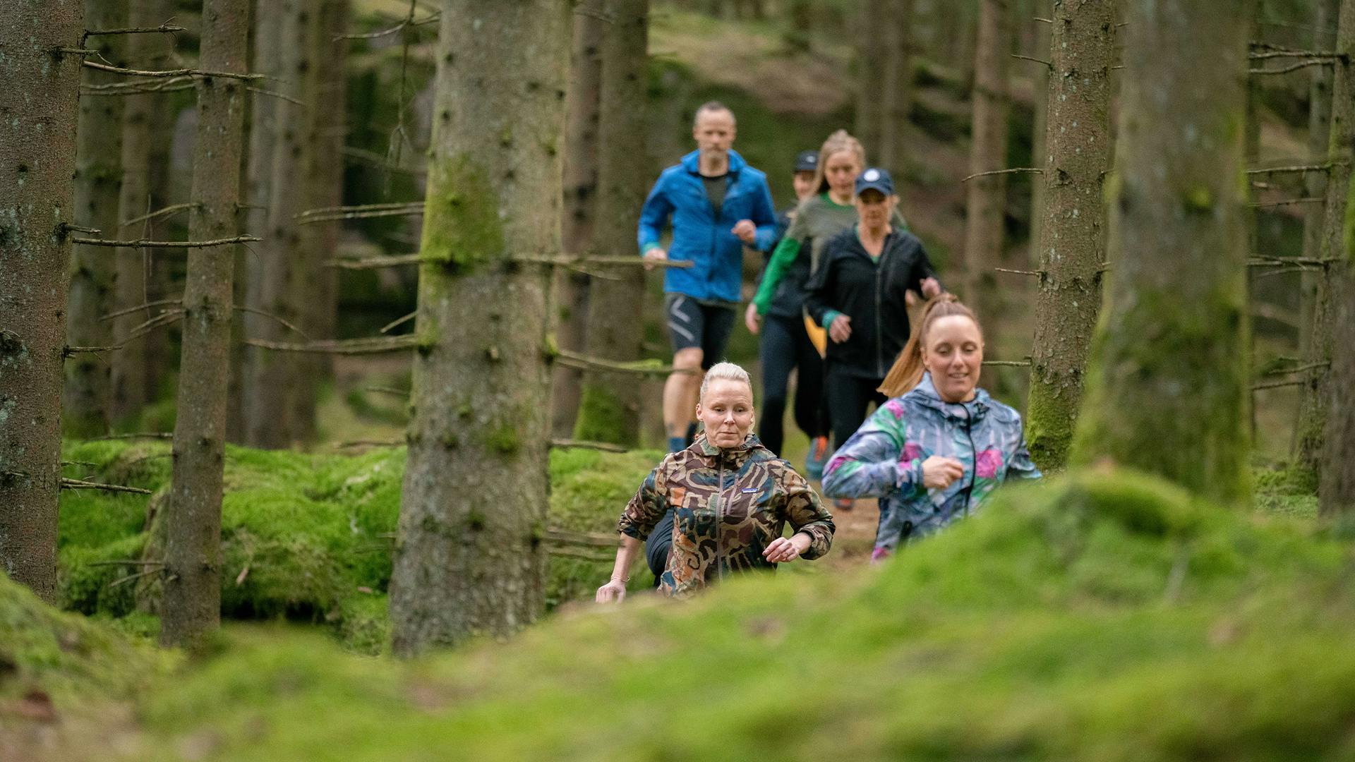 Icebug employees running in the forest